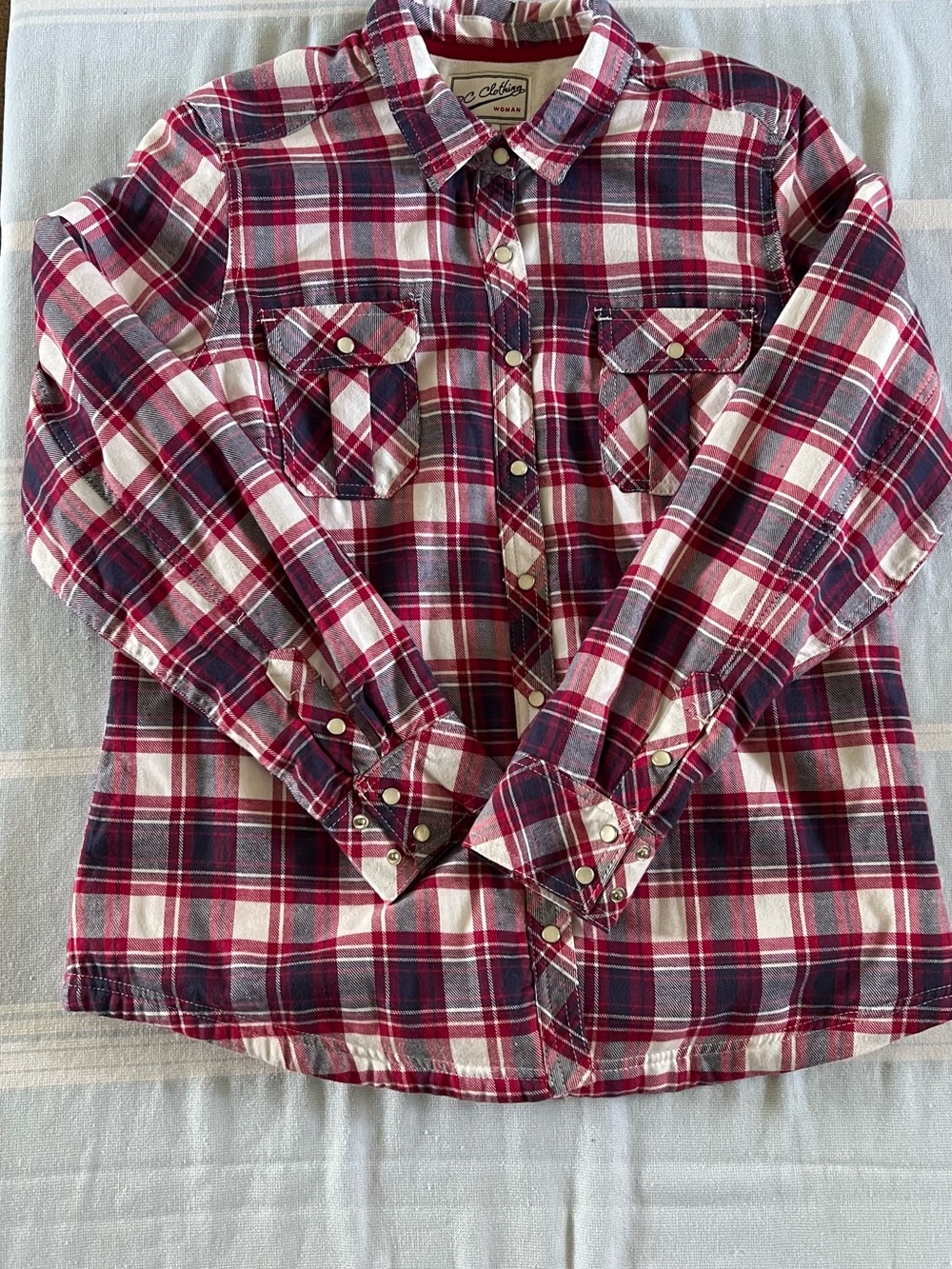 Women's Pink Purple and White Plaid Button-Down Shirt